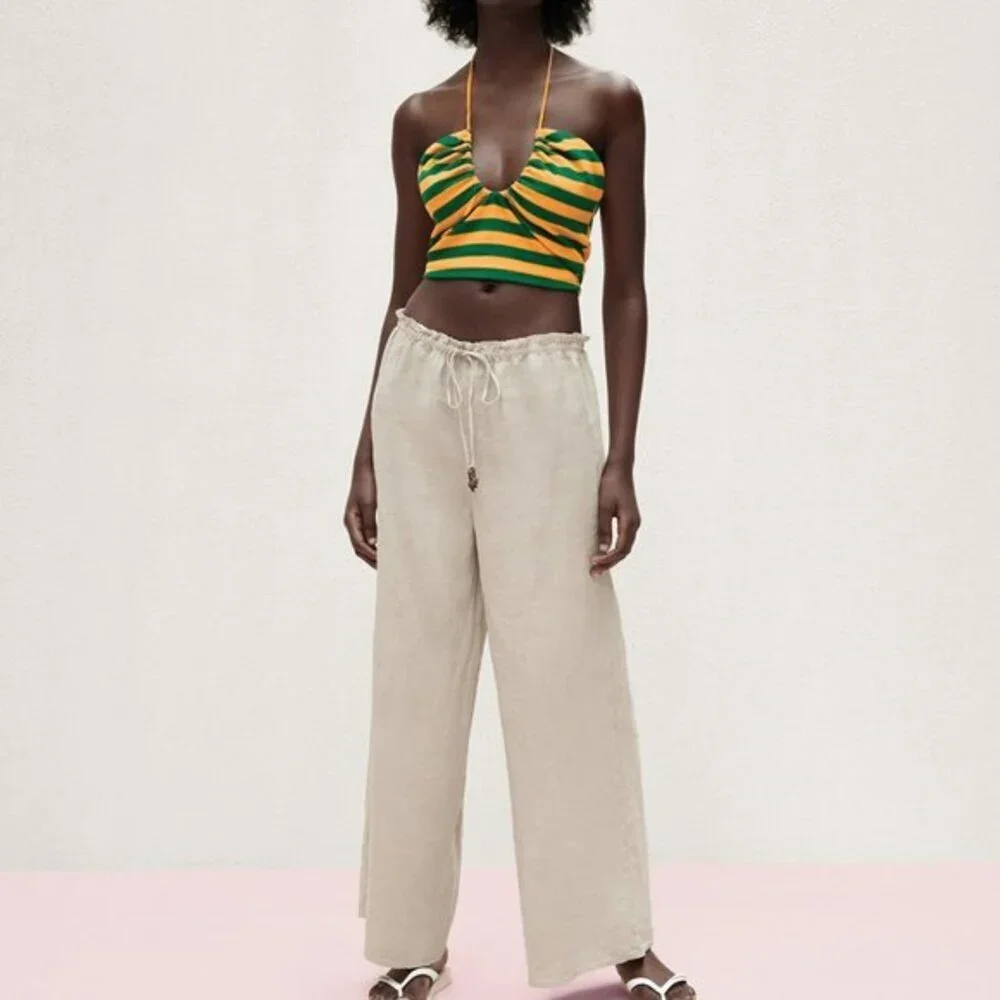 Natural Tan Zara Linen Wide Leg Drawstring Elastic Waist Pants (NWT)